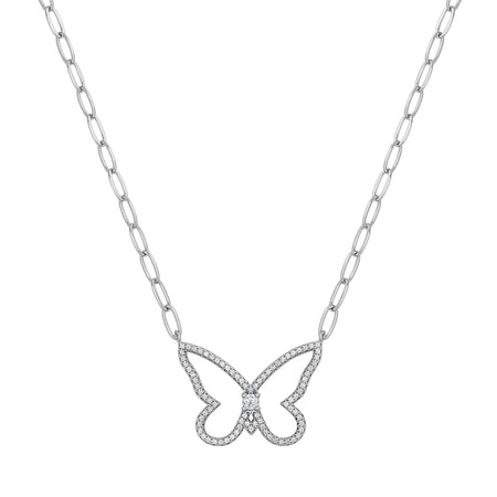 CZ Pave Butterfly Outline Necklace on Paperclip Chain  White Gold Plated  Chain: 16-20" Length Butterfly: 1.0" Wide X 0.9" High Center Stone: 0.10 CZ Carat Weig