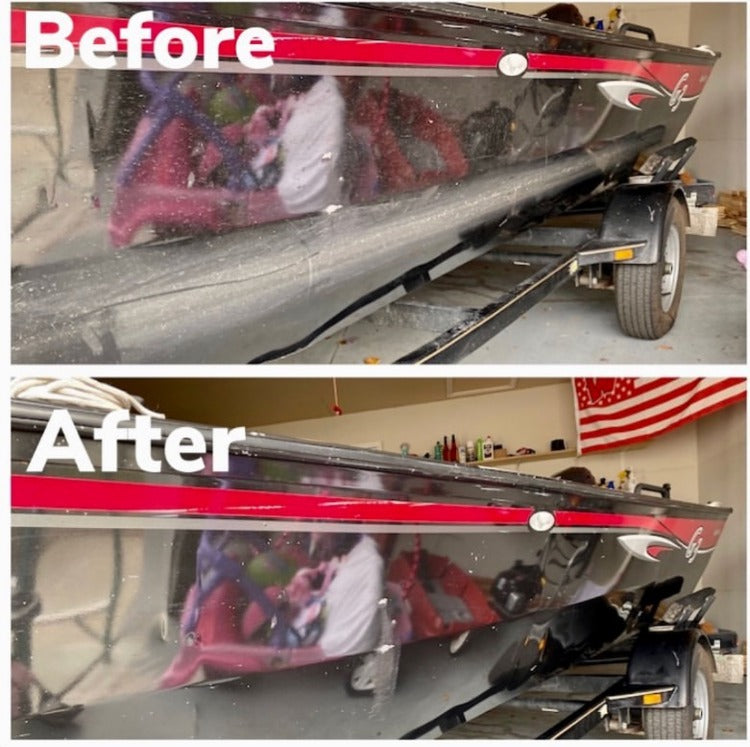 Before-and-after cleaning aluminum boat with Bling Sauce