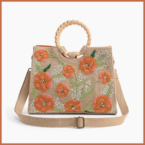 Floral Beaded Jute Shoulder Bag