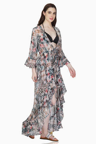 peachy python ruffled kimono coverup