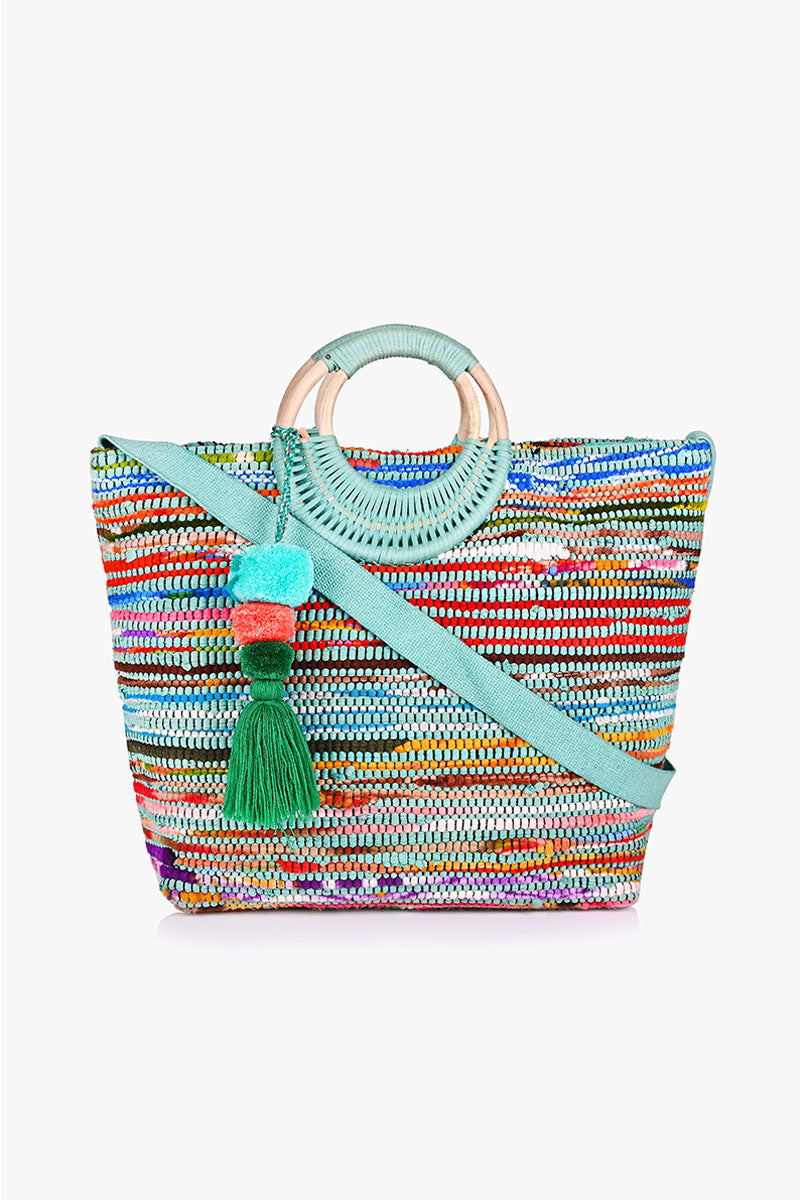 Ocean Upcycled Handwoven Tote- Green And Blue With Cane Handle ...