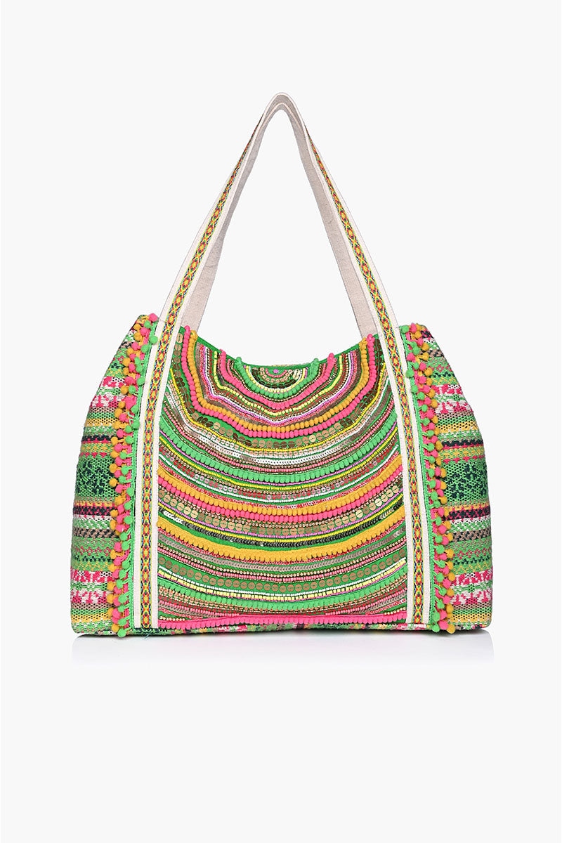 Tropical Paradise Embellished Tote- Hand Embroidered Neutral Tote ...