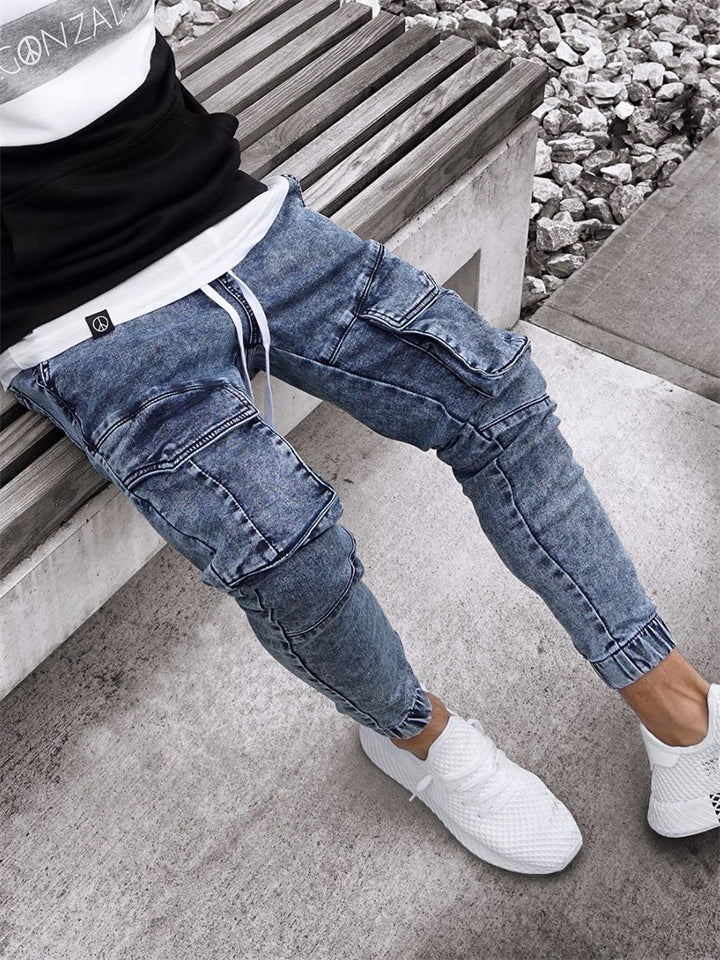 Men's Skinny Elastic Waist Drawstring Blue Jeans