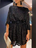 Pretty Shiny Beaded Crew Neck Lantern Sleeve Women's Cocktail Dress