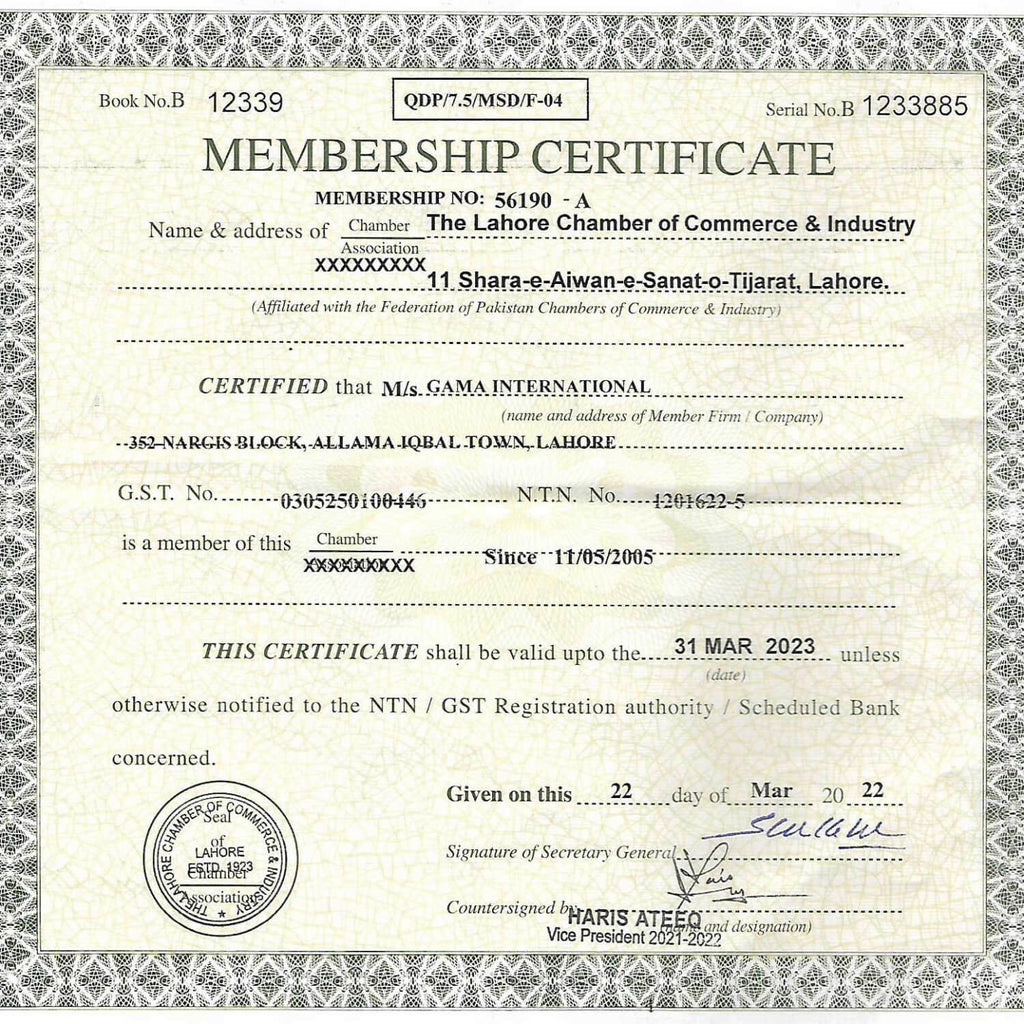 Himalayan Trading Co. Himalayan Pink Salt + Himalayan Salt Lamps Kosher Authenticity Certificate - Lahore Chamber Of Commerce Membership Certificate 