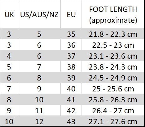 Size chart, orthotic shoes, women shoes, comfy flats size