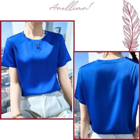 Blusa Feminina Básica Manga Curta Seda Artificial em design minimalista e elegante, perfeita para ocasiões formais e casuais.