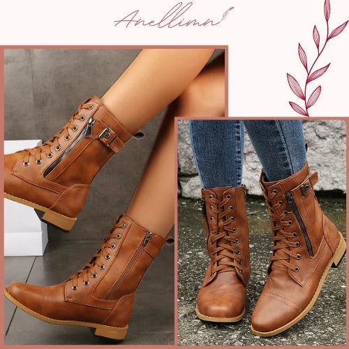 Comprar Botas de Cano Médio Vintage - Couro resistente, detalhes em renda e fivela, zíper lateral para facilidade. Perfeito para seu estilo único!