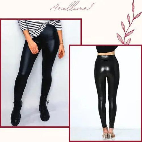 Calça de couro feminina legging preta, cintura alta, push-up, tecido PU e Spandex, estilo casual e ajustado, ideal para looks modernos. Anellimn