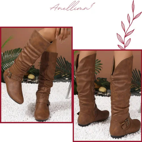 Botas montaria de couro vintage: estilo clássico com detalhes modernos. Perfeitas para qualquer look. Compre agora e adicione elegância ao seu visual!