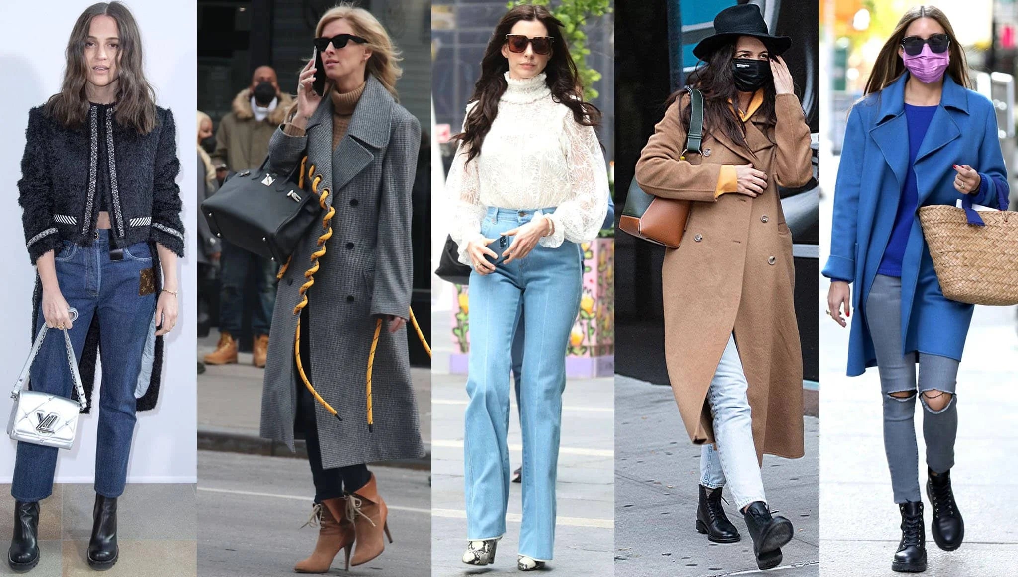  Uma combinação perfeita de bota preta de cano alto, calça jeans desfiada, blusa branca com flores e peças em marrom e preto.