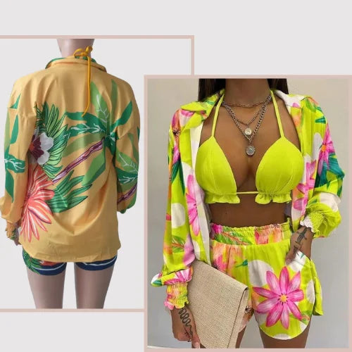 Conjunto 3 Peças Feminino Kimono: Sinta-se confiante e deslumbrante no verão com o biquíni, camisa e shorts de manga comprida com detalhes em renda