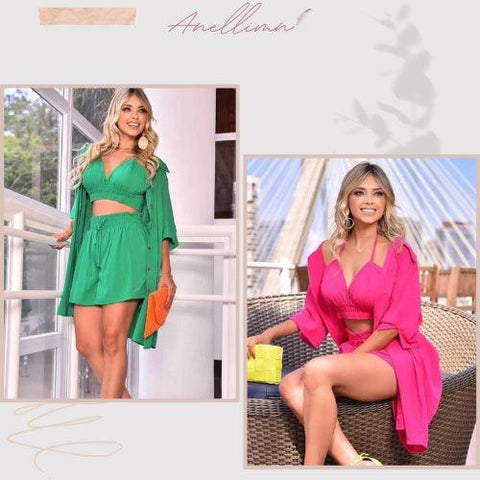 Mulher sorridente usando conjunto feminino verão 3 peças