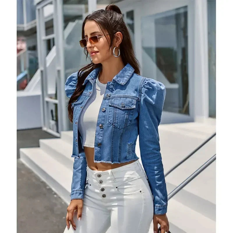 Anellimn comprar barato Jaqueta Jeans Feminina Manga Bufante - Adicione estilo único ao seu visual com esta peça atemporal. Perfeito para qualquer ocasião.