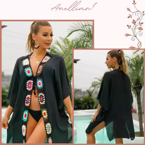 Saída de Praia Kimono Curta com bordados em crochê - Ideal para moda praia e conforto durante o verão!