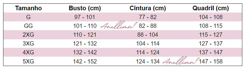 Tabela de medida do Biquíni Plus Size Cintura Alta com Efeito Lipo