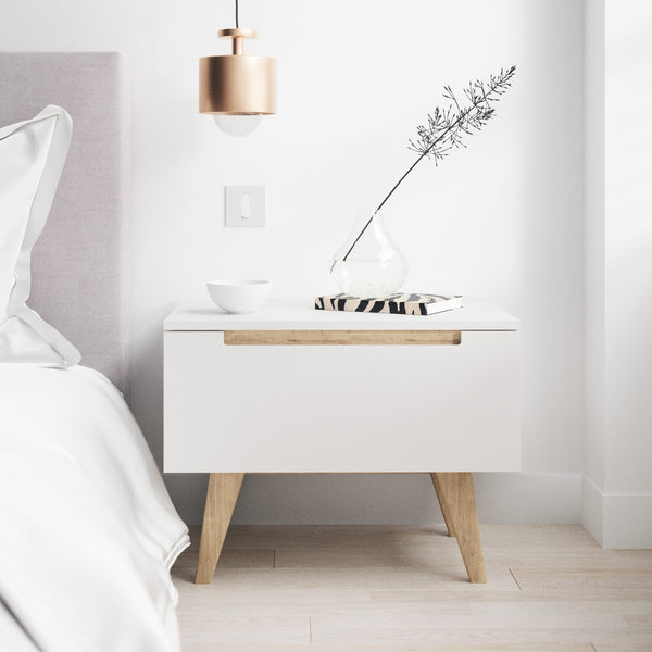 White Wooden Bedside Table with Solid Oak Legs (Olsen Collection ...