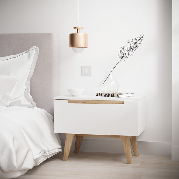 White Wooden Bedside Table with Solid Oak Legs (Olsen Collection ...