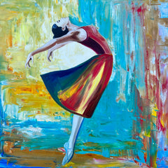 A vibrant, colorful oil painting of a female ballet dancer in the middle of a cambré back position en pointe.