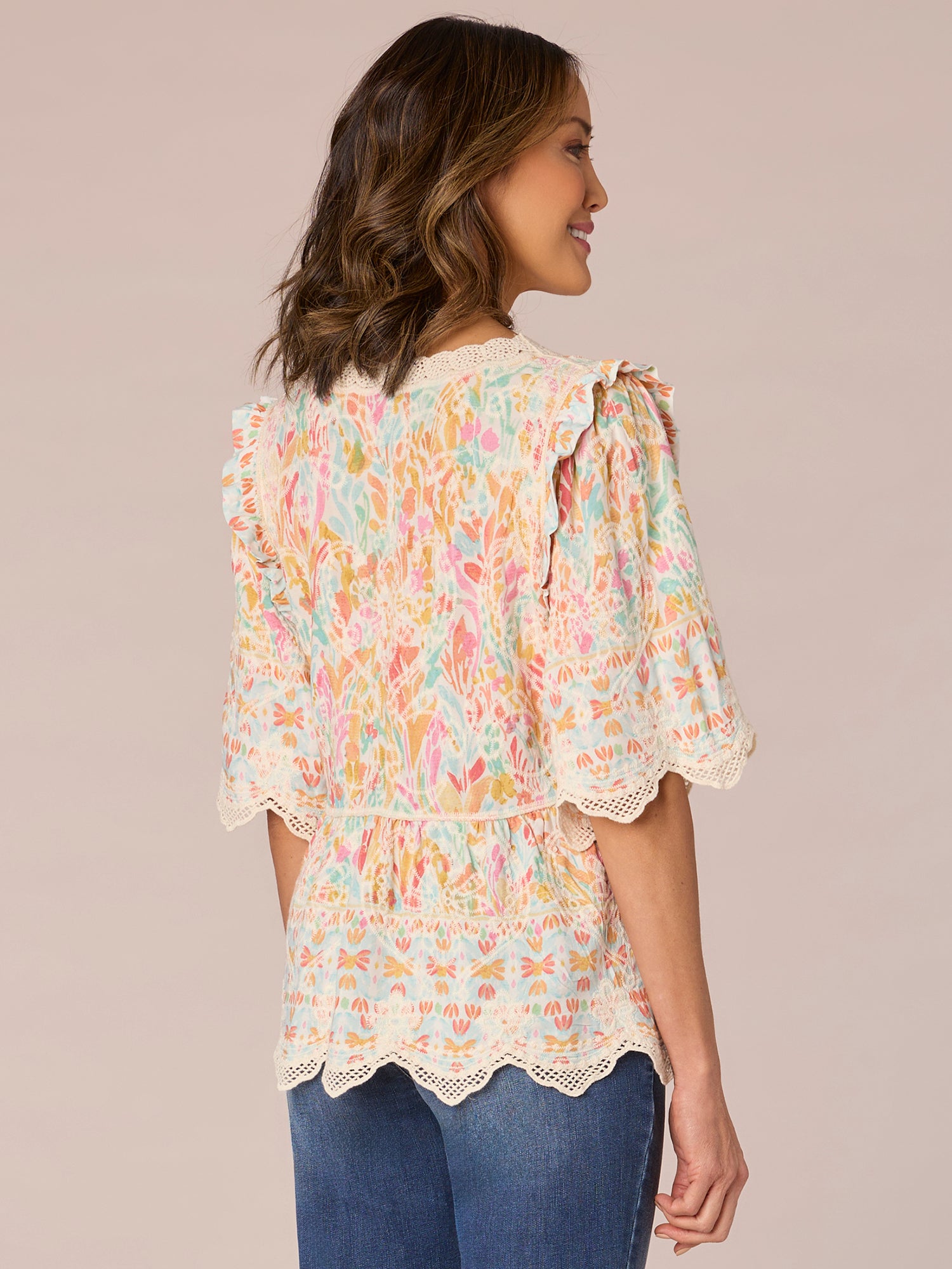 Below Elbow Bell Sleeve Crochet V-Neck Border Print Woven Top 