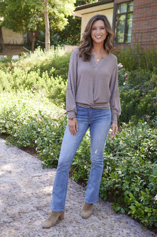 Thermal Knit Top and "Ab"solution High Rise Itty Bitty Boot Light Blue Jeans
