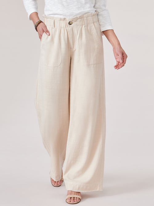 Azura Exchange High Rise Paper Bag Waist Pocketed Casual Pants - Beige
