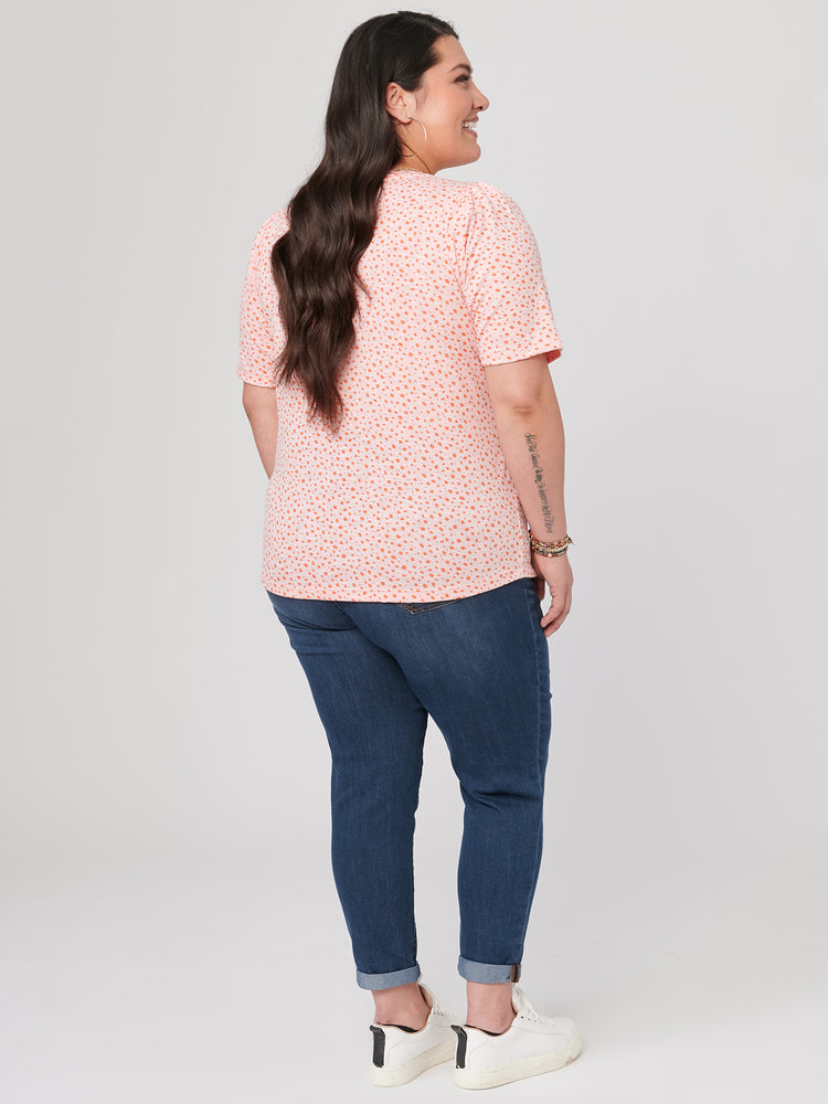 Elbow Puff Sleeve Scoop Neck Peach Sorbet Plus Size Womens Fashion Knit Tee Shirt