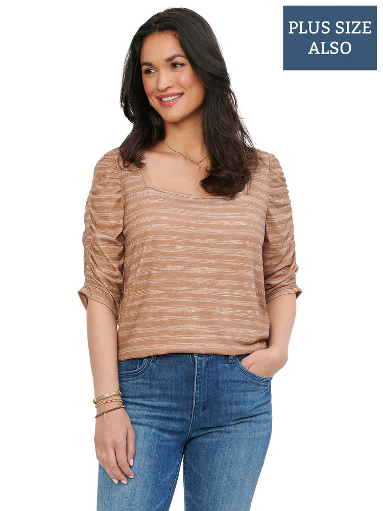 Ruched Elbow Sleeve Square Neck Plus Striped Tee candied pecan brown