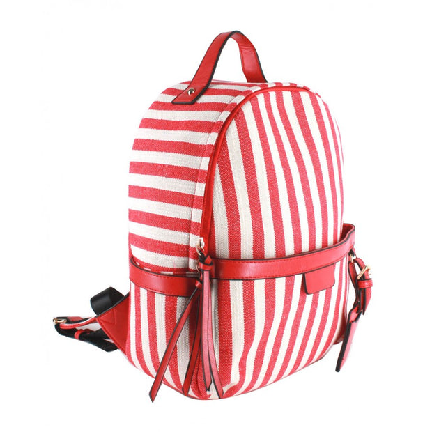 red and white striped backpack