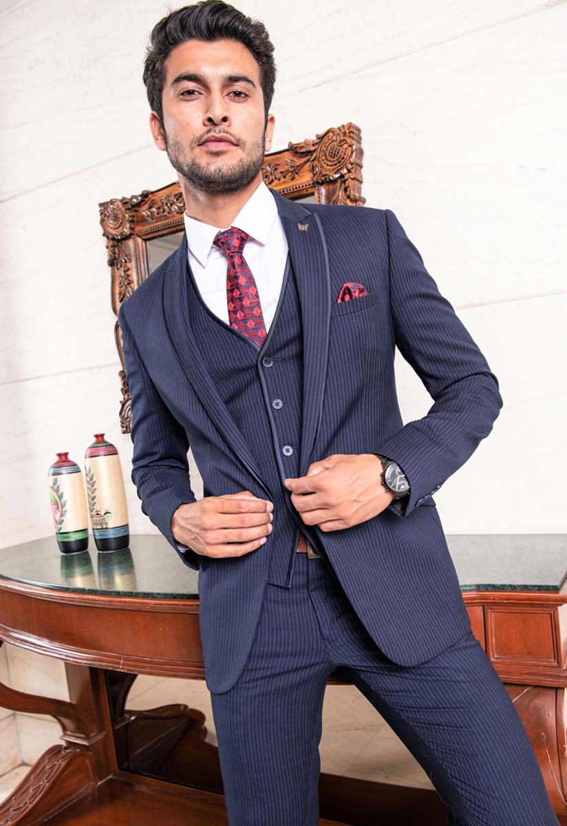 Blue stripe suit with vest – Bonsoir