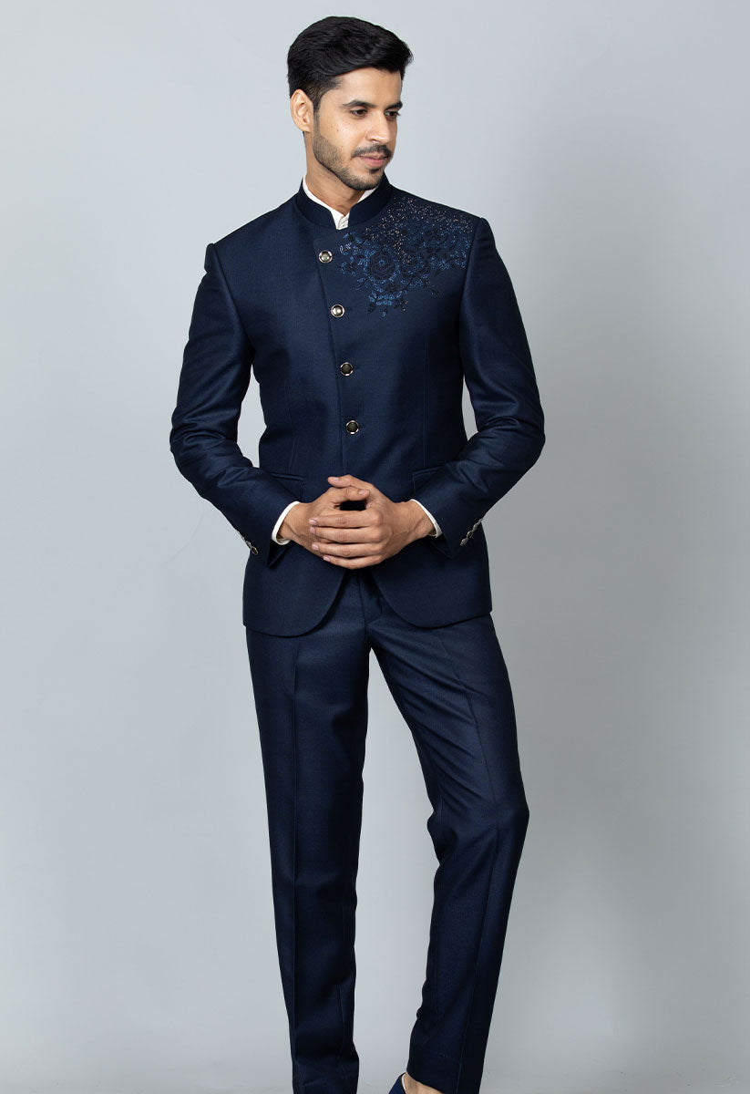 Designer Navy blue bandhgala suit – Bonsoir