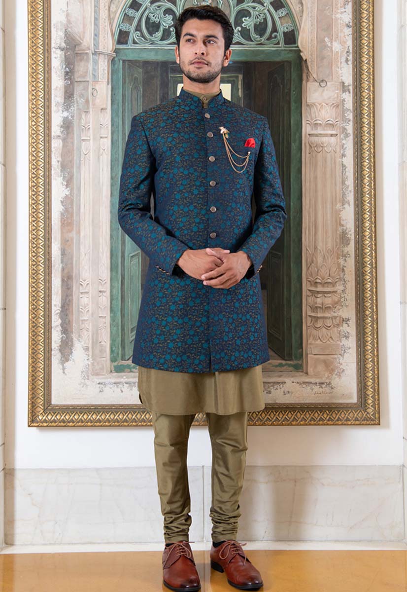 Blue Printed Men's Cotton Bandhgala Jodhpuri Suit 899MW29