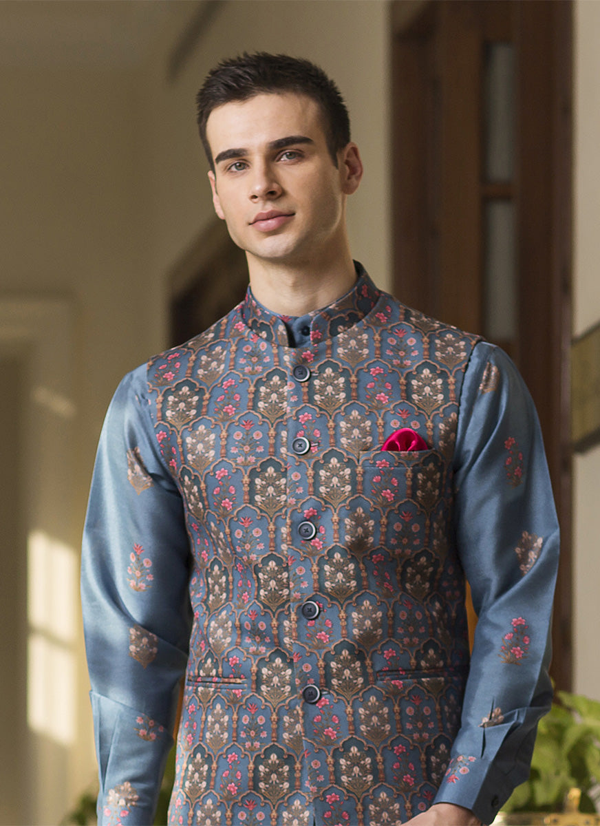 Printed kurta jacket set blue – Bonsoir