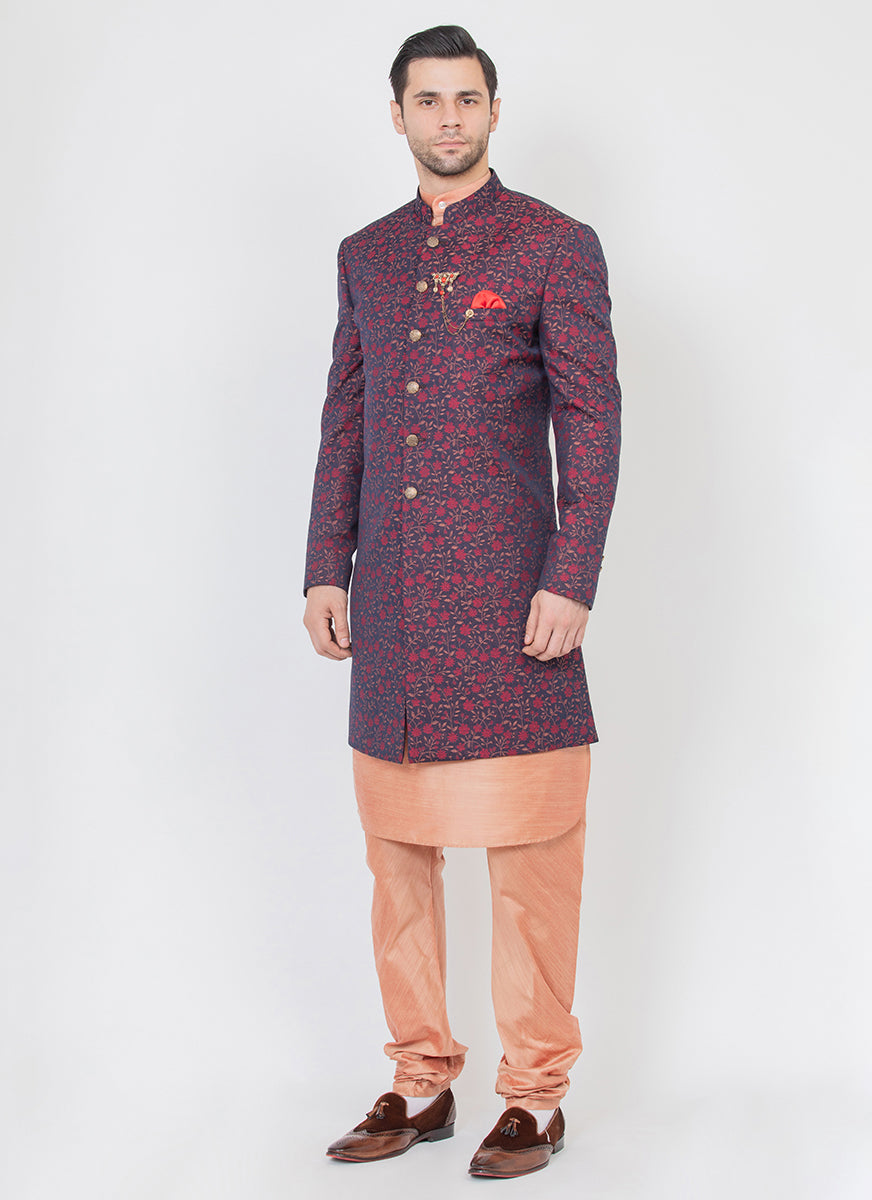 Floral Print Jacquard Indo Western Achkan – Bonsoir