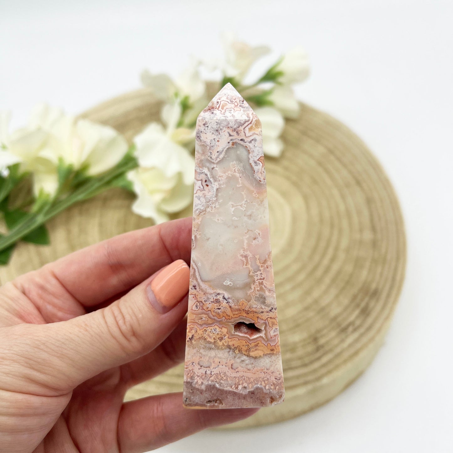 Pink crazy lace agate tower with druzy