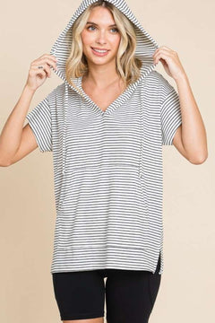 Striped Short Sleeve Hooded Top