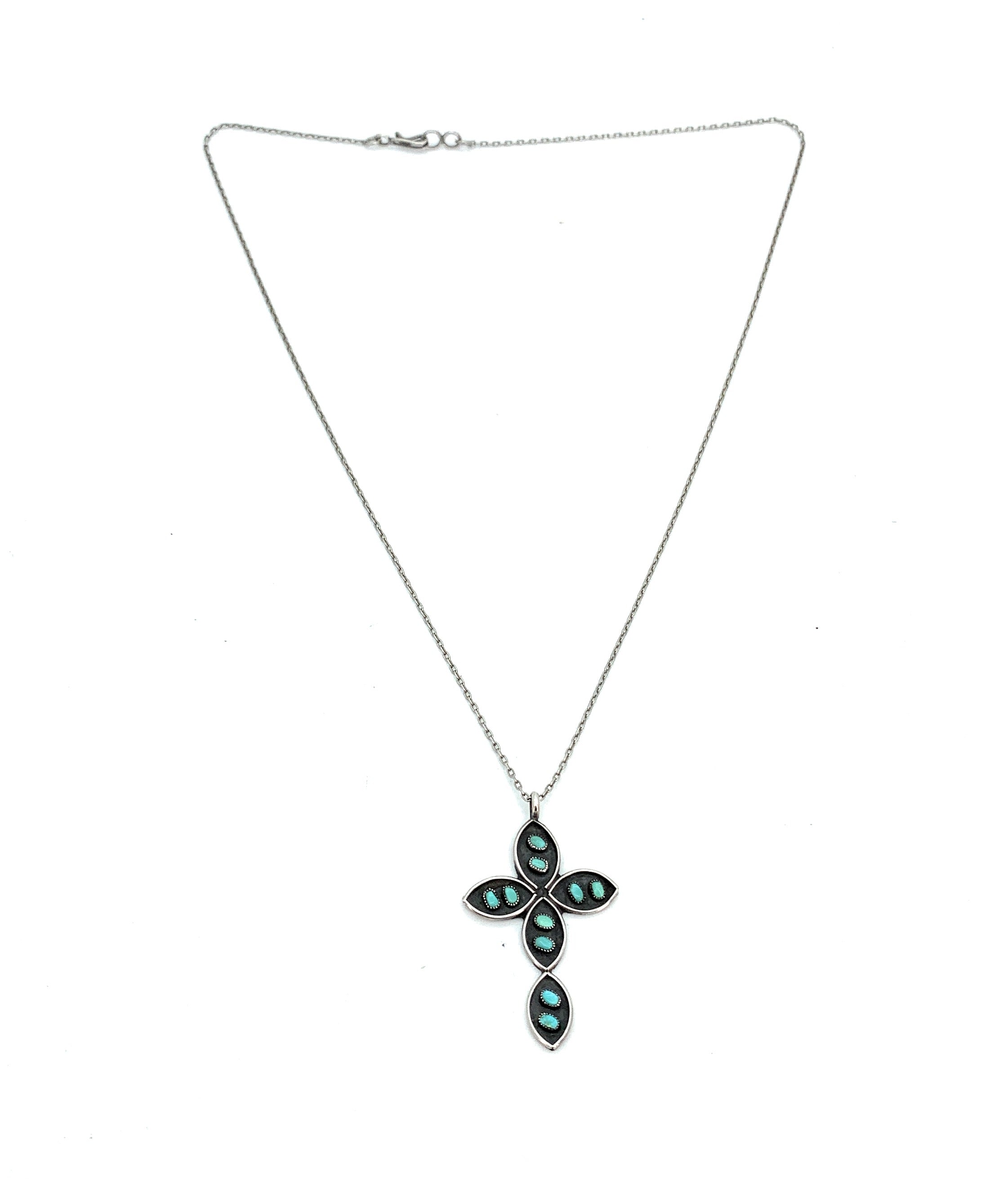 Vintage Old Pawn 1960's Sterling Silver & Turquoise Crucifix Pendant Necklace