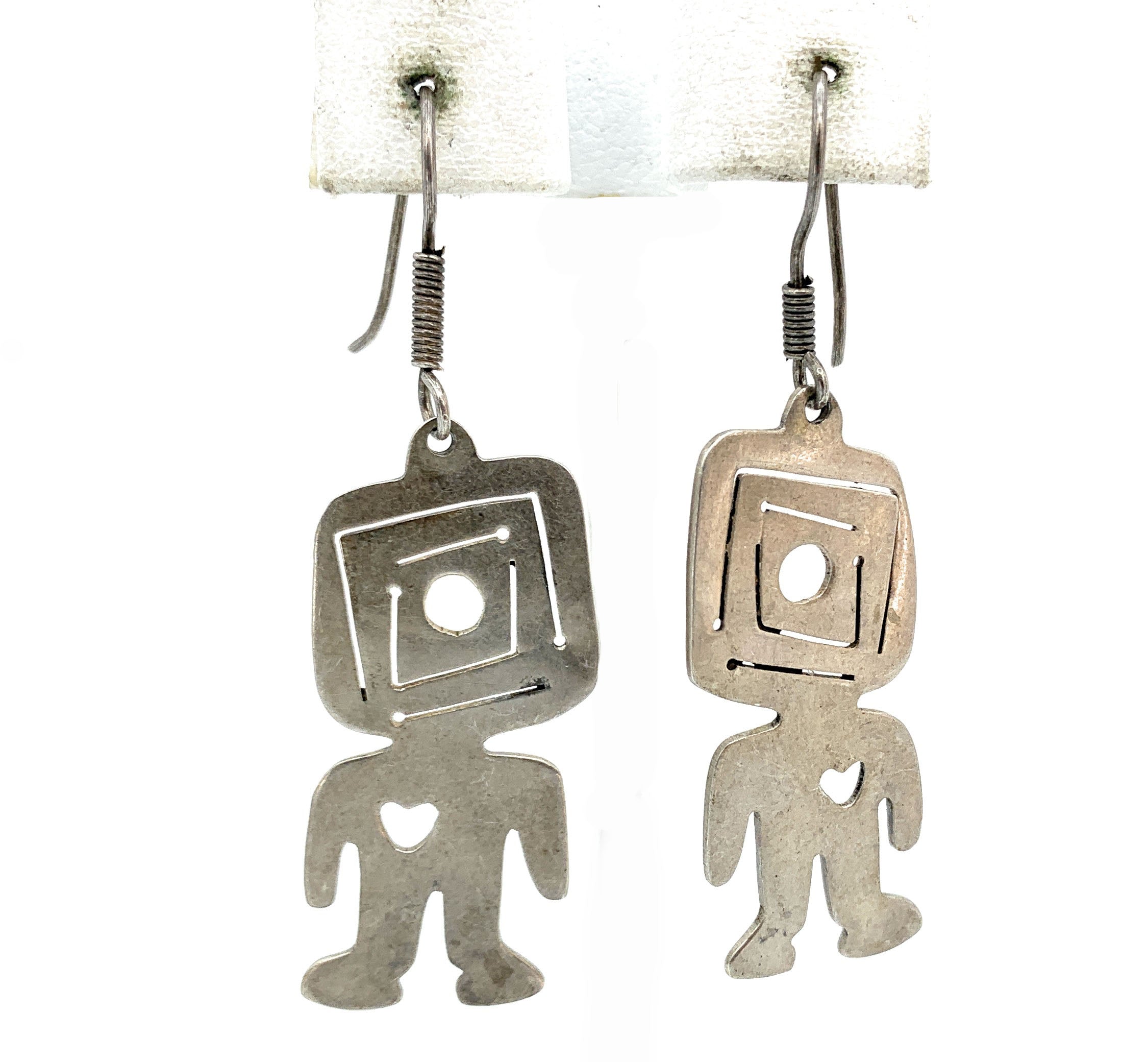 Mexico Sterling Silver Modernist Figure w/Heart Dangle Earrings