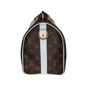 LOUIS VUITTON, PATCHES SPEEDY 30 BANDOULIERE OF DAMIER EBENE CANVAS WITH  POLISHED BRASS HARDWARE, Handbags & Accessories, 2020