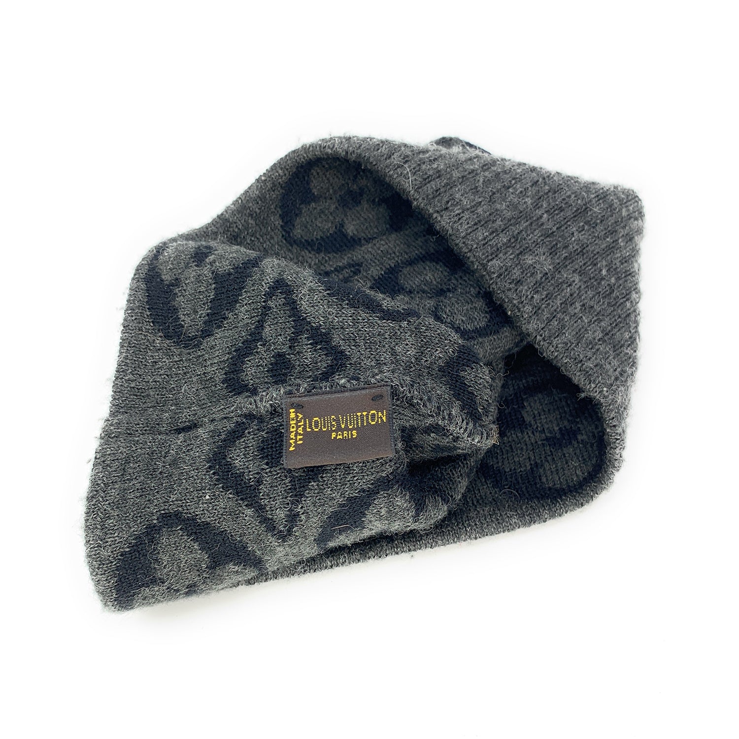 LOUIS VUITTON Wool Hat and Scarf Set Gray 20444