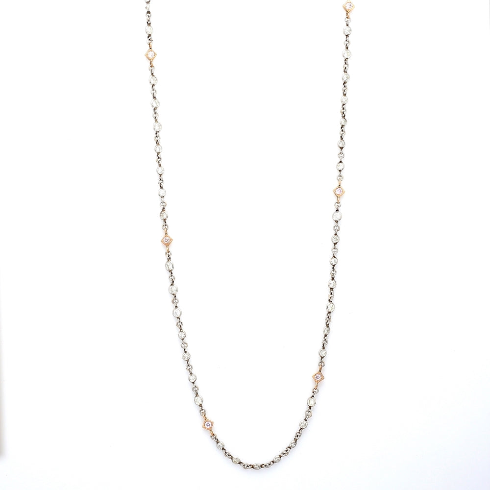 Platinum & 18K WG 2.79ctw Pink & White Diamond Handmade Station Necklace