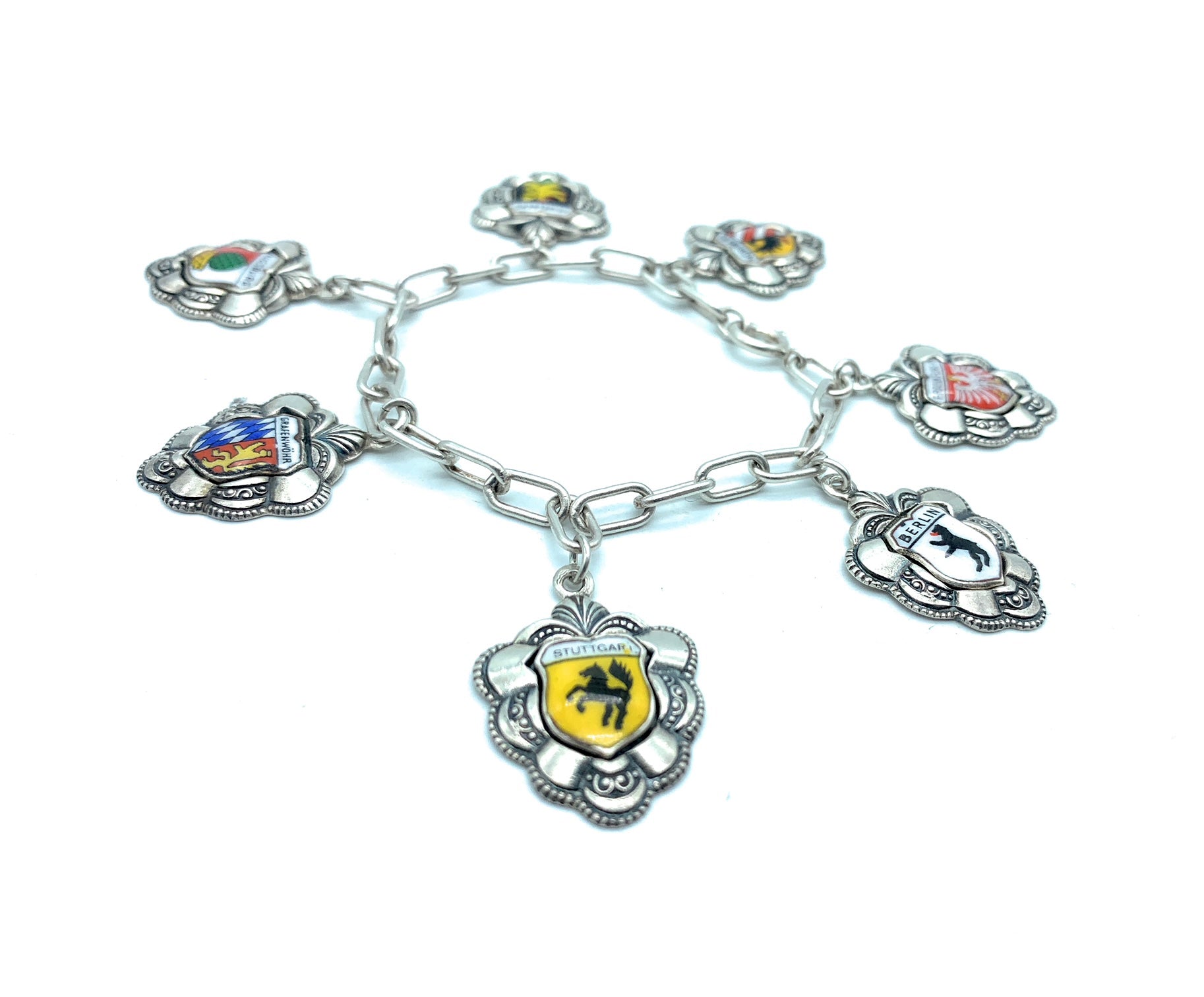 Vintage Sterling Silver & Enamel German Travel Shield Multi-Charm Bracelet