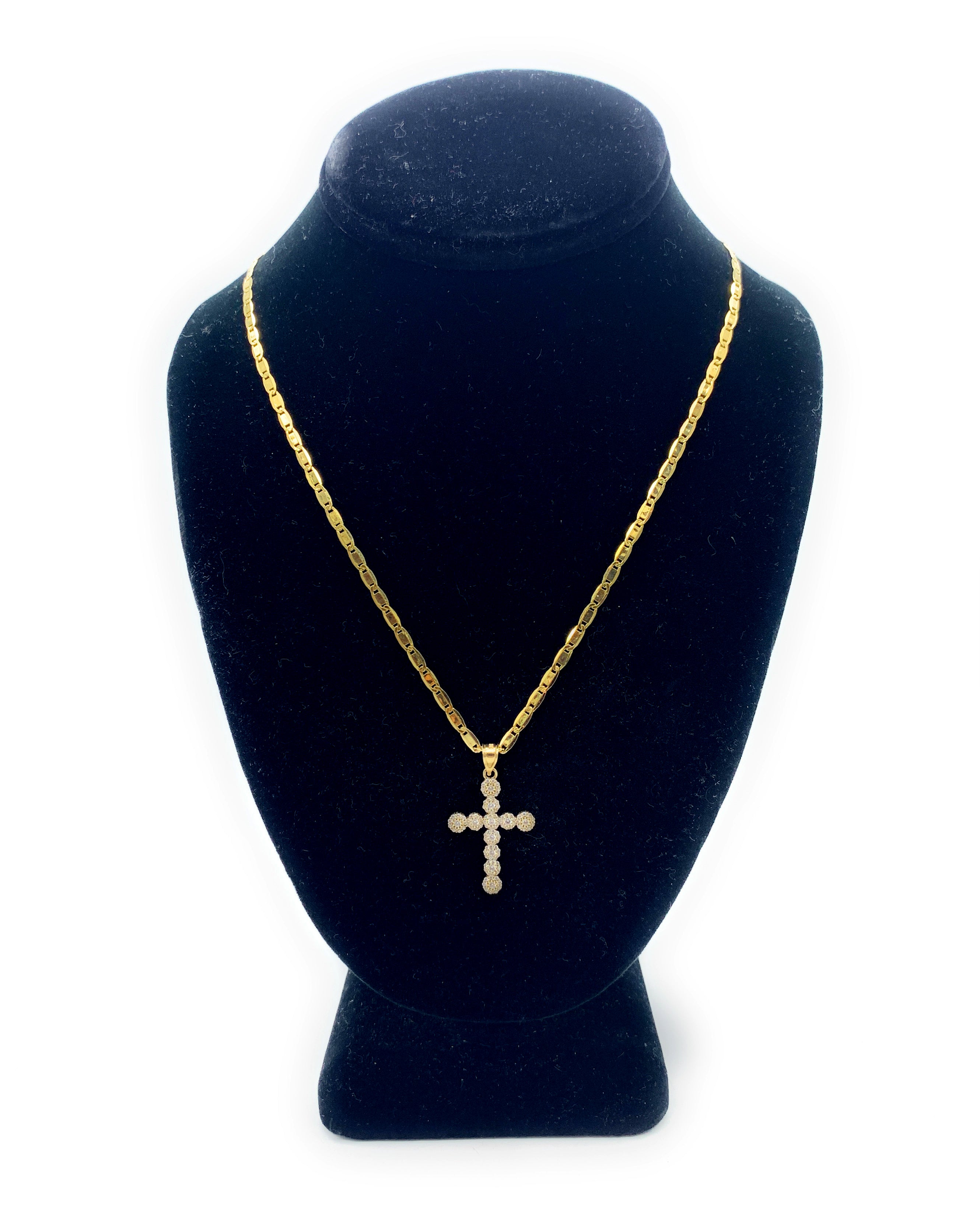 10K & 14K Yellow Gold CZ Cross Pendant & Mariner Link Chain