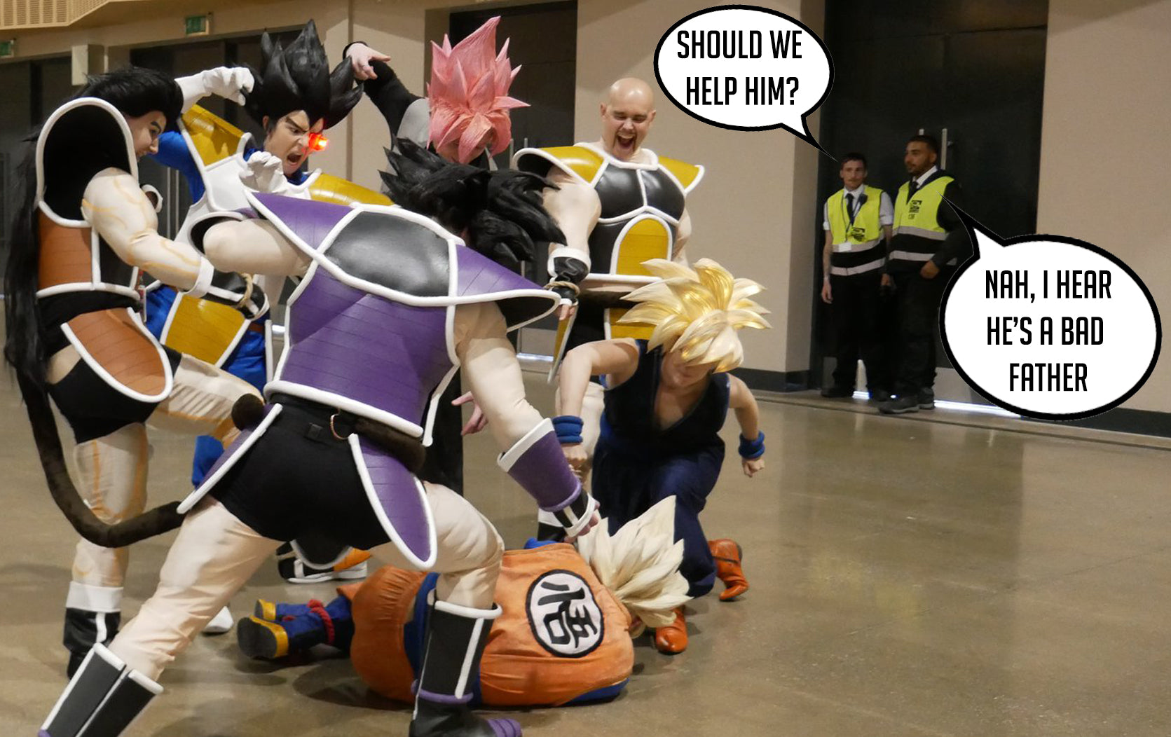 Dragonball cosplayers all beat up goku for being a bad father