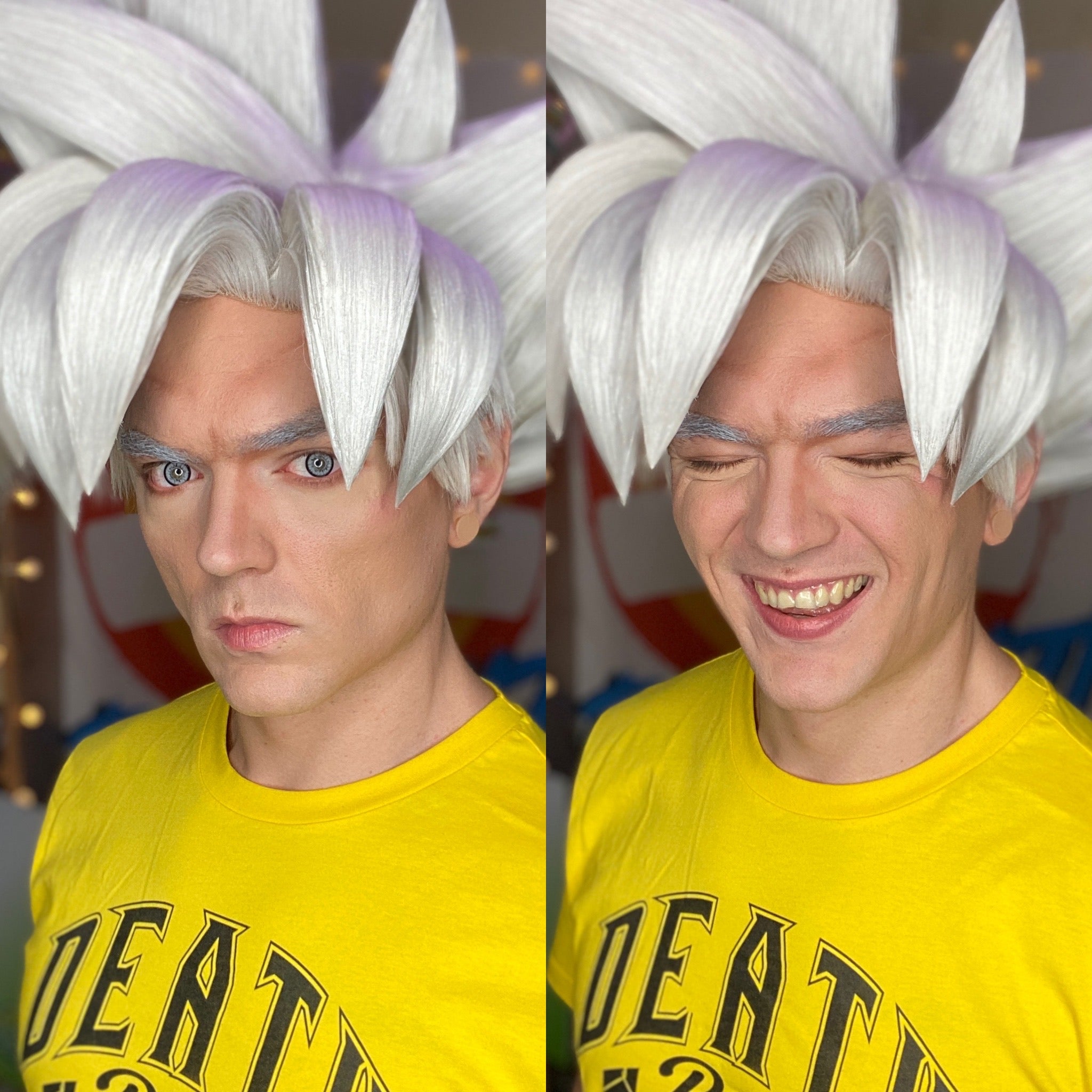 Ultra Instinct Goku cosplay from DragonBall Super breaking into a smile