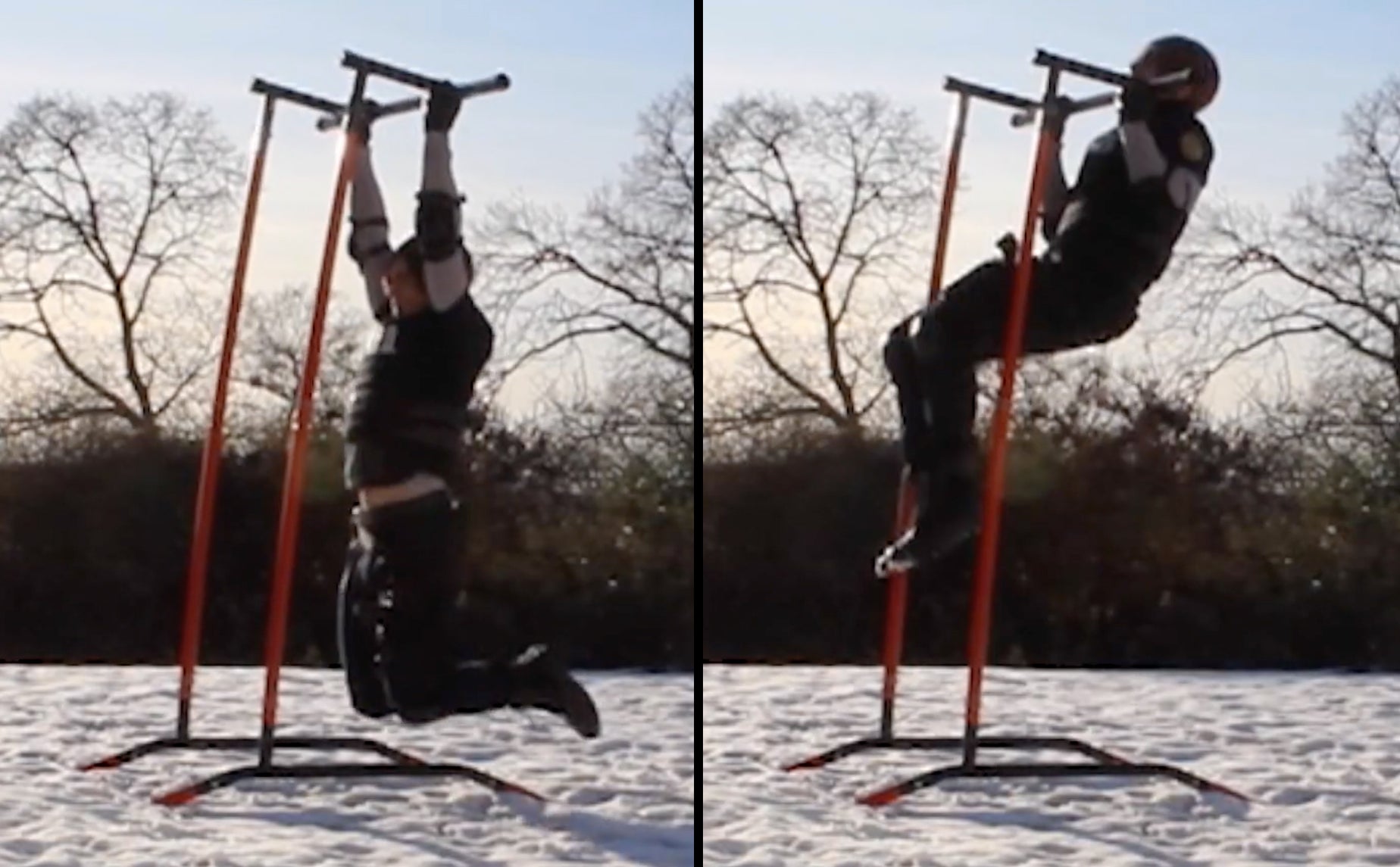 Leon S. Kennedy Resident Evil 2 Remake cosplay teaching the chin up in the snow for a raccoon city fitness workout