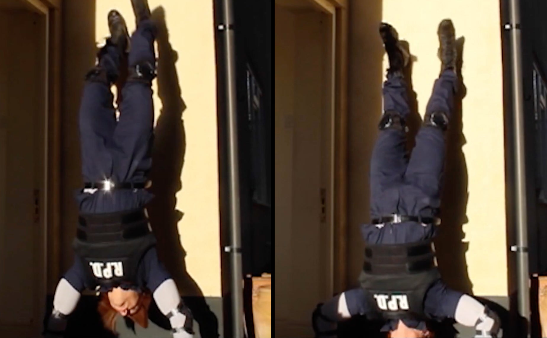 Leon S. Kennedy Resident Evil 2 Remake cosplay teaching the handstand push up for a raccoon city fitness workout