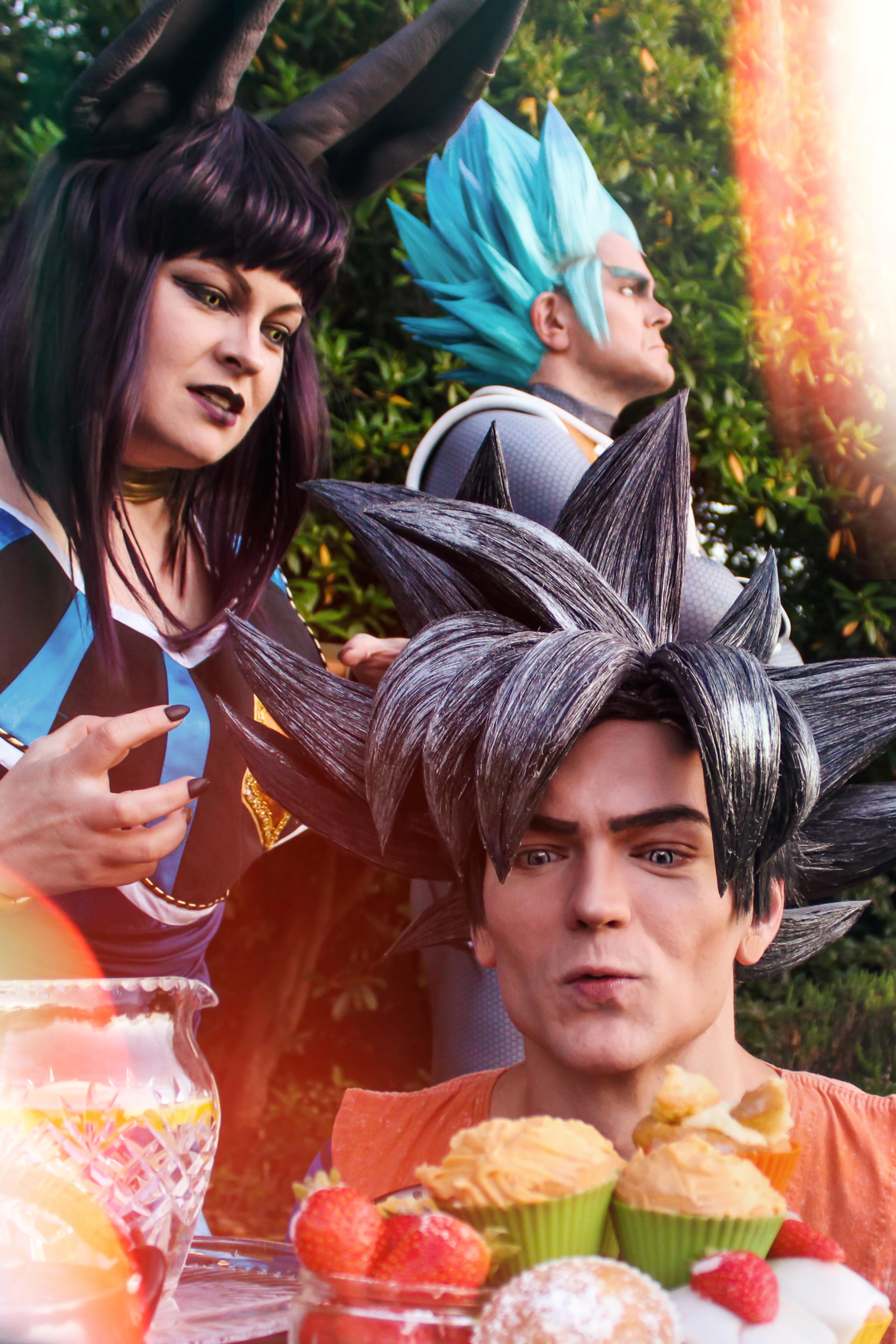 Goku, Beerus, and Vegeta cosplays, dragonball food fight