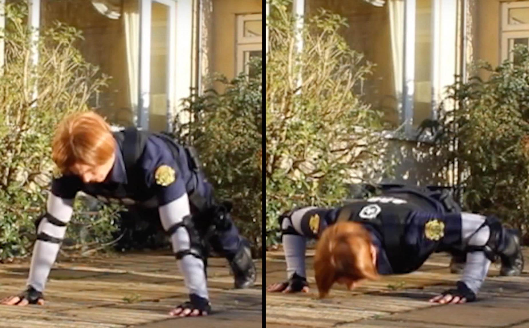 Leon S. Kennedy Resident Evil 2 Remake cosplay teaching the push up for a raccoon city fitness workout