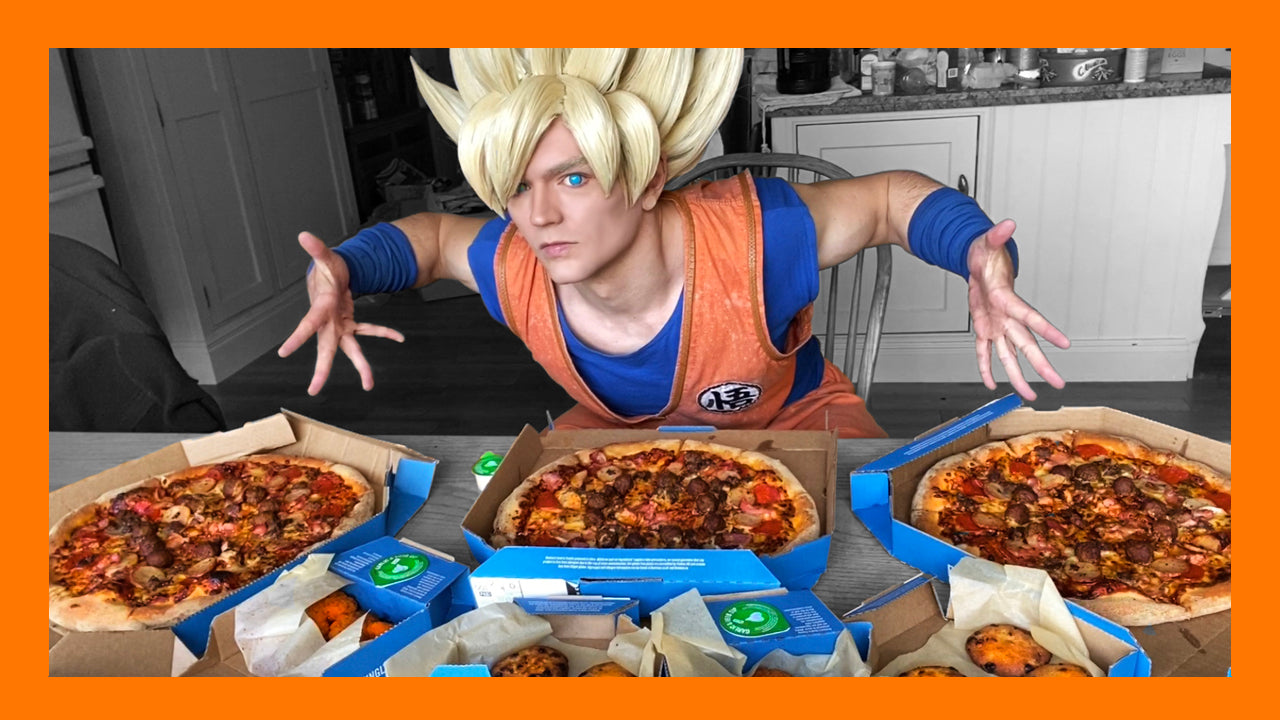 Cosplayer eating like Goku from DragonBall Z by finishing off 10,000 calories worth of dominoes pizza to save world cosplay summit